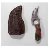 Damascus steel finger-hole skinner knife w/sheath