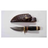 Damascus steel skinning knife with sheath