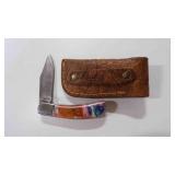 Damascus steel folding pocket knife w/sheath