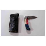 Damacus steel folding pocket knife with sheath