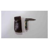 Damascus steel folding pocket knife with sheath