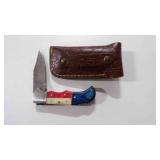 Damascus steel folding pocket knife with sheath