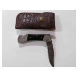 Damascus steel folding pocket knife with sheath