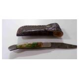 Damascus steel folding pocket knife with sheath
