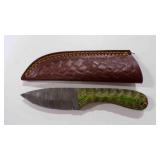 Damascus steel fixed-blade knife with sheath