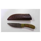 Damascus steel fixed-blade knife with sheath