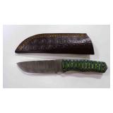 Damascus steel fixed-blade knife with sheath