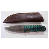 Damascus steel fixed-blade knife with sheath