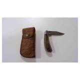Damacus steel folding pocket knife with sheath