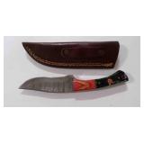 Damascus steel fixed-blade knife with sheath