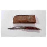 Damascus steel folding pocket knife with sheath