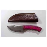 Damascus steel gut hook knife with sheath
