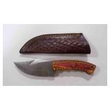 Damascus steel gut hook knife with sheath