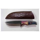 Damascus steel fixed-blade knife with sheath