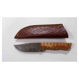 Damascus steel fixed-blade knife with sheath