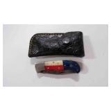 Damascus steel folding pocket knife with sheath