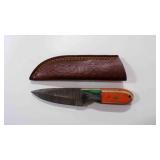 Damascus steel spear point knife with sheath