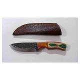 Damascus steel fixed-blade knife with sheath