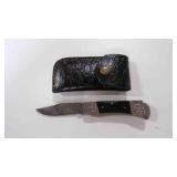 Damascus steel folding pocket knife with sheath