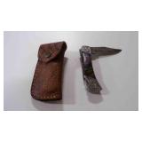 Damascus steel folding pocket knife with sheath