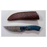 Damascus steel straight back knife with sheath