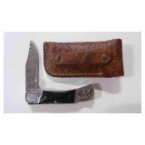 Damascus steel folding pocket knife w/sheath