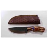 Damascus steel fixed-blade knife with sheath