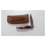 Damascus steel folding pocket knife with sheath