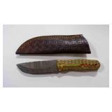 Damascus steel fixed-blade knife with sheath