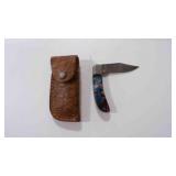 Damacus steel folding pocket knife with sheath