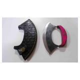 Damascus steel Ulu-style blade knife with sheath