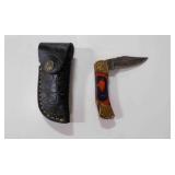 Damascus steel folding pocket knife with sheath