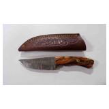 Damascus steel fixed-blade knife with sheath