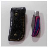 Damascus steel folding pocket knife w/sheath