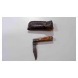 Damascus steel folding pocket knife with sheath