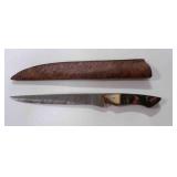 Damascus steel long fillet blade knife with sheath