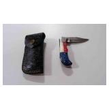 Damascus steel folding pocket knife with sheath