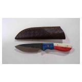 Damascus steel fixed-blade knife with sheath