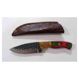 Damascus steel fixed-blade knife with sheath