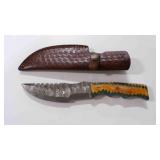 Damascus steel fixed-blade knife with sheath
