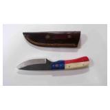 Damascus steel drop point knife with sheath