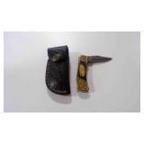 Miniature Damascus steel pocket knife with sheath