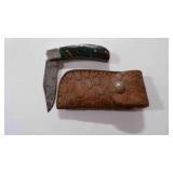 Damascus steel folding pocket knife with sheath