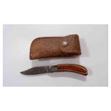 Damascus steel folding pocket knife with sheath