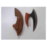 Damascus steel Ulu-style blade knife with sheath