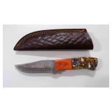 Damascus steel clip blade knife with sheath