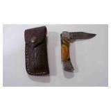 Damascus steel folding pocket knife with sheath