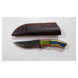 Damascus steel fixed-blade knife with sheath
