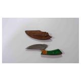 Damascus steel Ulu-style blade knife with sheath