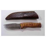 Damascus steel fixed-blade knife with sheath